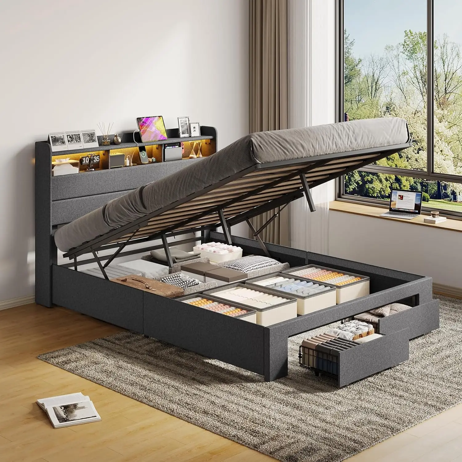 Full Storage Bed RGB Headboard USB Charging 2 Drawers Hydraulic No Box Spring Gray Customized