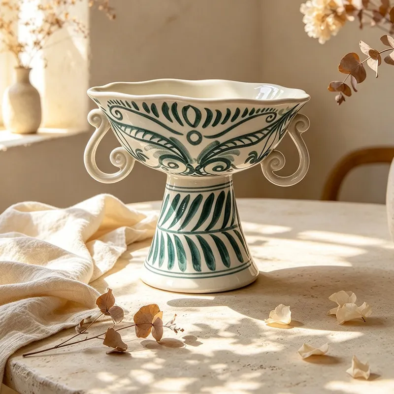 French Blue and White Porcelain Double Eared High Footed Good-looking Ceramic Living Room Fruit Dim sum Fruit Bowl Fruit Bowl