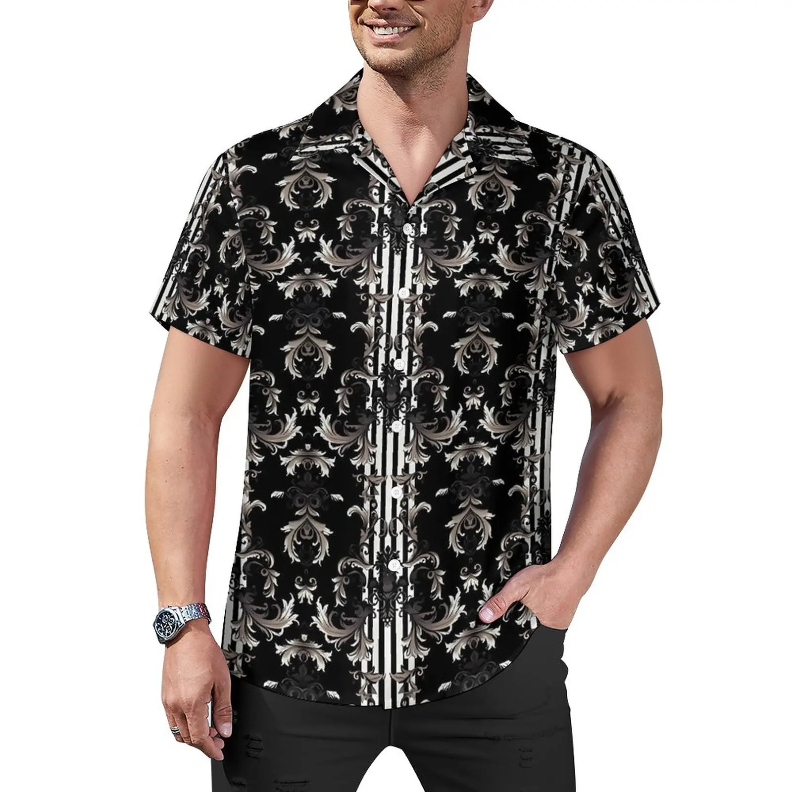 

Baroque Print Loose Shirt Man Vacation Black and White Floral Casual Shirts Hawaiian Short-Sleeve Fashion Oversized Blouses