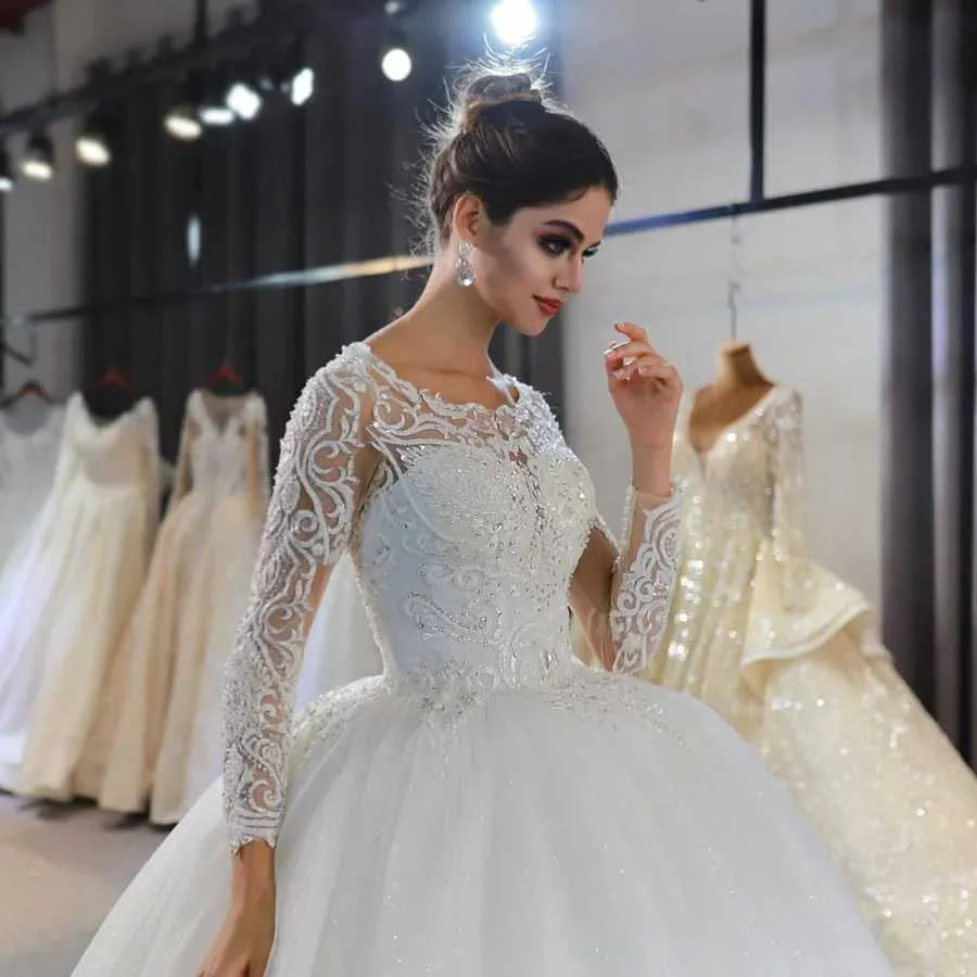 KSDN-Robe de Mariée Luxueuse à Manches sulfet Col Rond, Tenue de Bal en Organza, Ornée de Perles et Cristaux, Convient pour les Soirées Formelles