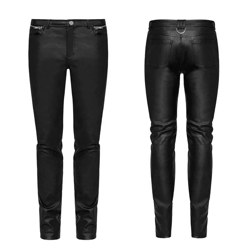 PUNK RAVE Men Heavy Metal Punk Rock Straight Leg  Slim Leather Pants Black PU Trousers