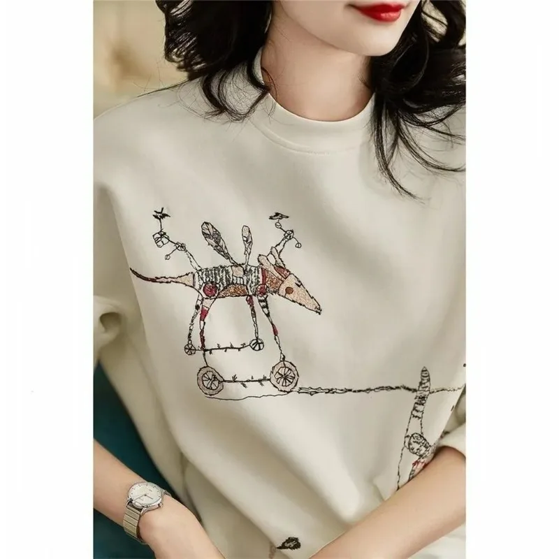 Women Korean Fashion Funny Embroidery Cotton Sweatshirt Simple Casual Chic Hoodie Female O Neck Long Sleeve Loose Pullover Tops