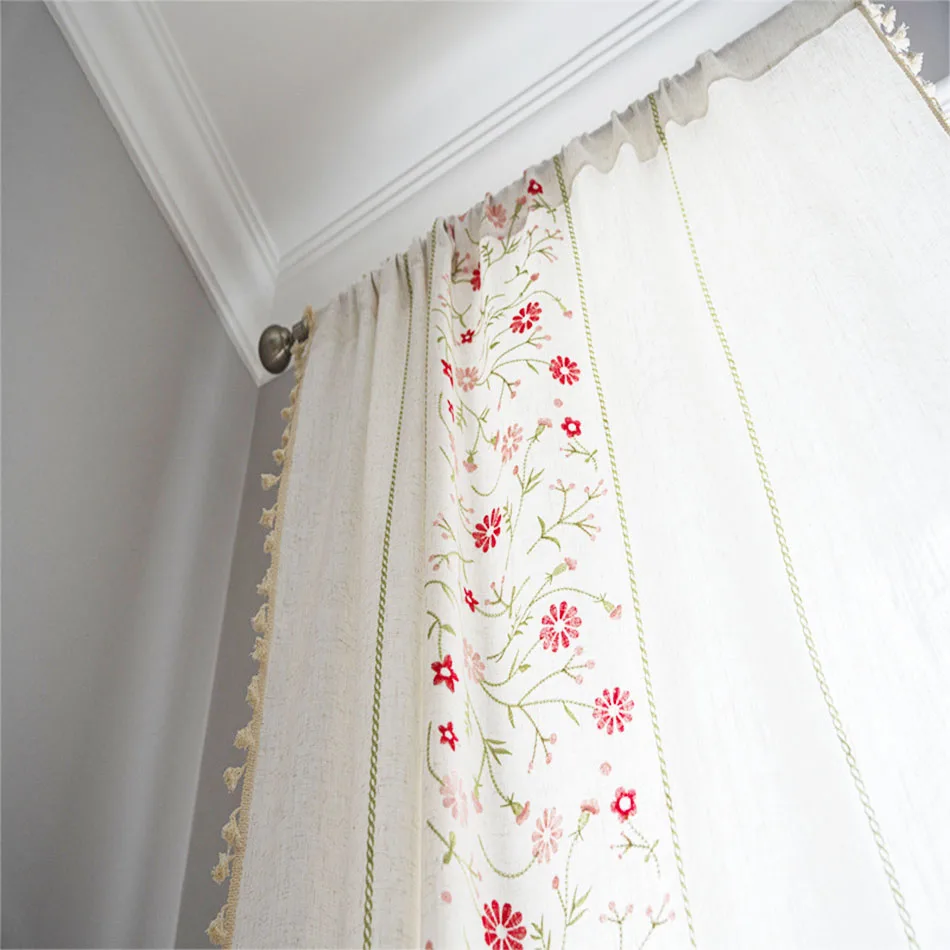 Cotton Linen Embroidery Curtains Road Pocket Shade Curtain Tassel for Kitchen Bedroom Living Room Bay Window Cabinet Curtain