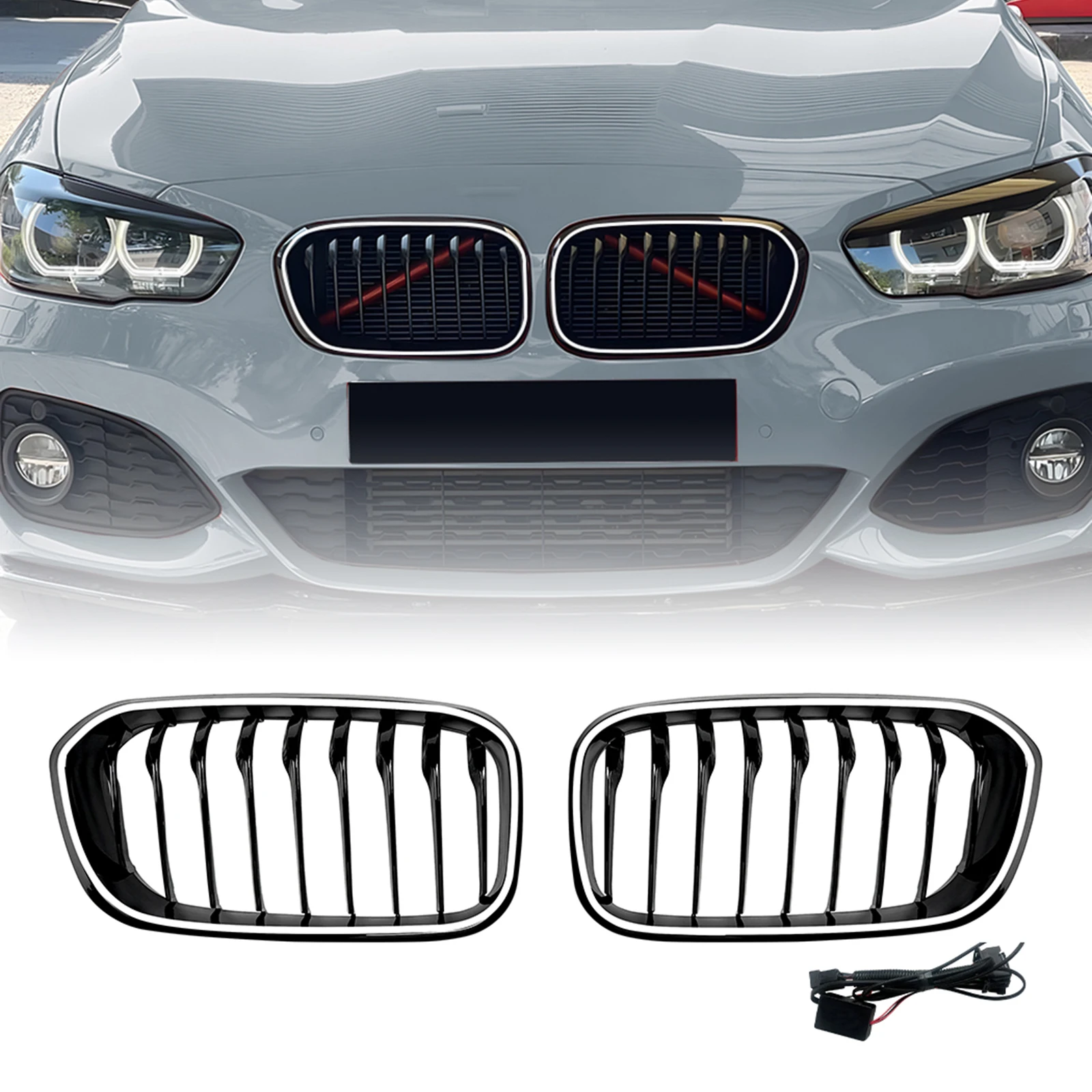 

Racing Grill Front Kidney Grille Upper Bumper Hood Mesh Grid With LED Light Lamp Trim Strip For BMW 1 Series F20 LCI 2015-2019