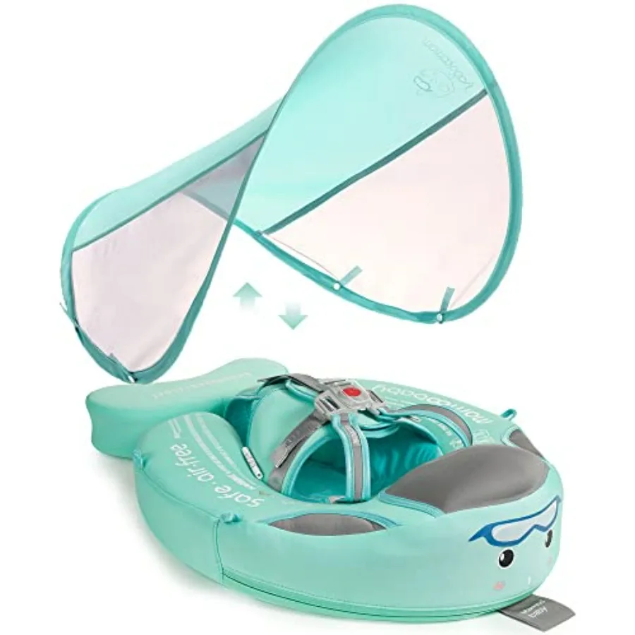 

Baby float with canopy and tail for toddler pool use, non-inflatable infant swim trainer in special edition green, UPF+ sun can