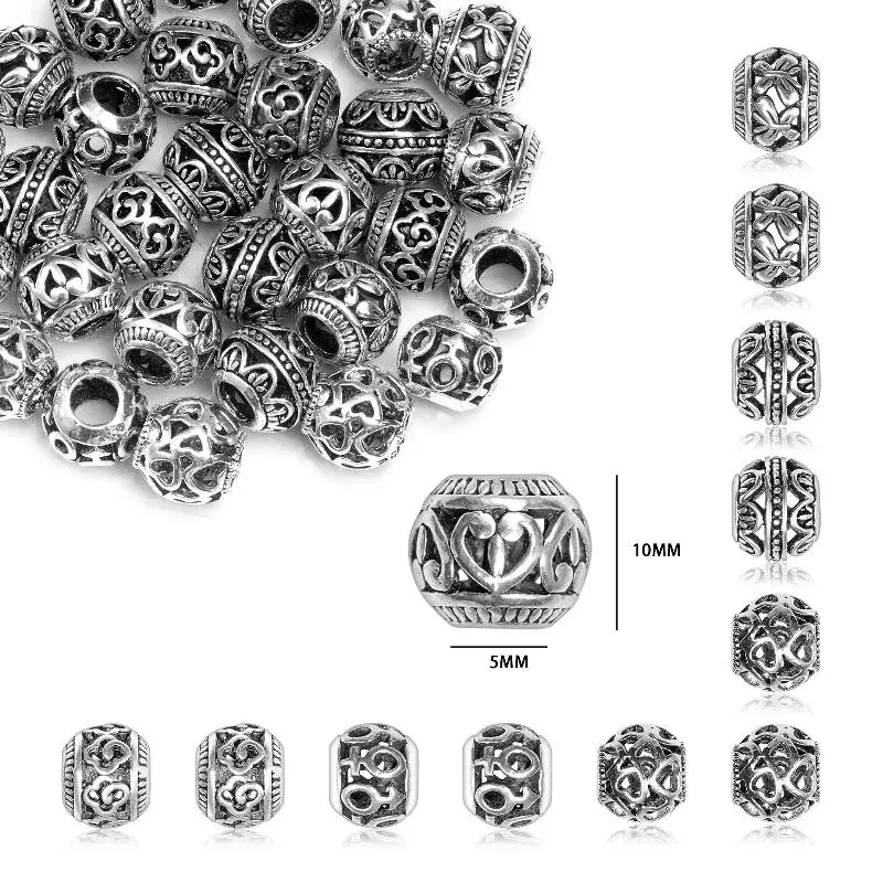 6Pcs Mix 10mm Antique Silver Metal Hollow Beads Big Hole Loose Spacer Beads For Jewelry Making DIY Bracelet Accessoies Supplies