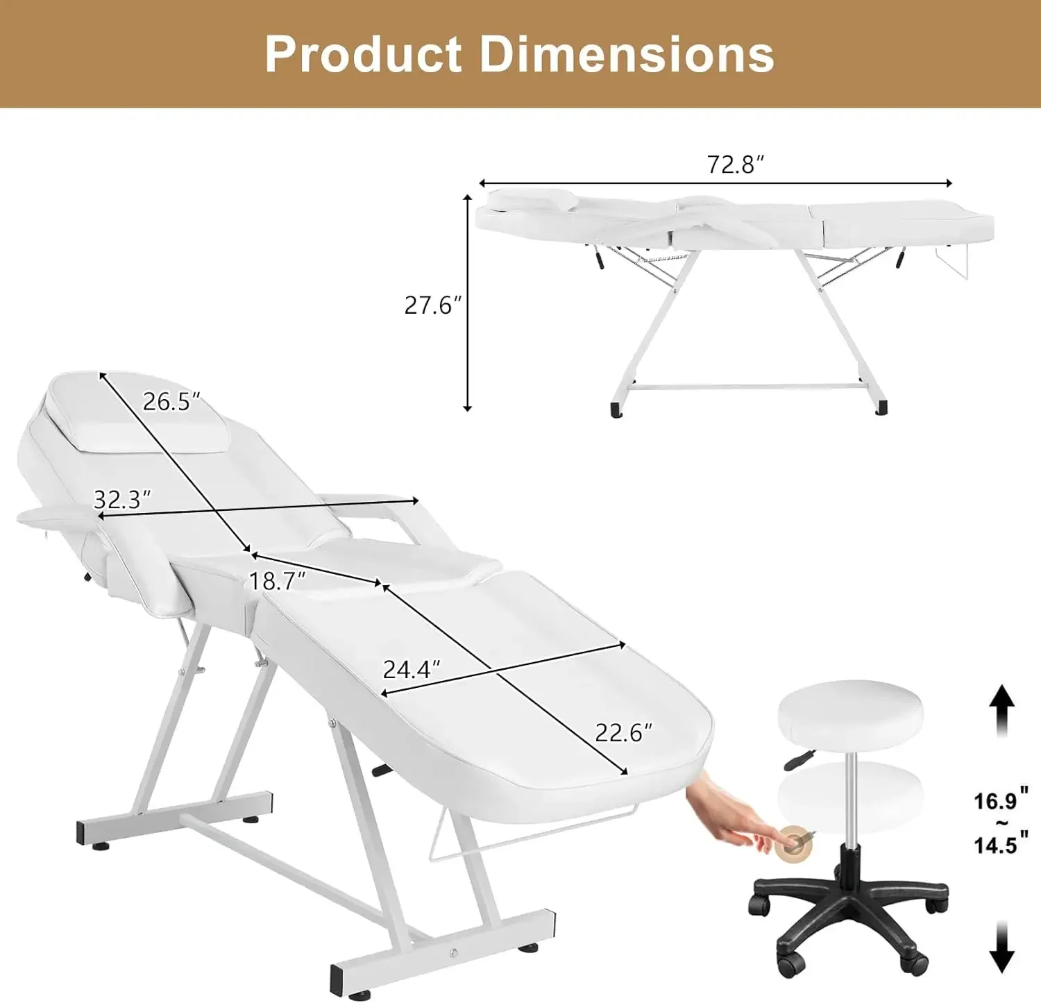 Massage Salon Tattoo Chair Esthetician Bed with Hydraulic Stool,Multi-Purpose 3-Section Facial Bed Table, Adjustable Equipment