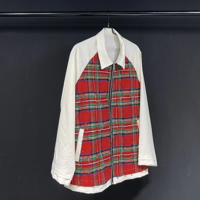 WVGA Spring Autumn New Man Tide Plaid Patchwork Zipper Trendy Long Sleeved Shirts Niche Chic Casual Turn-Down Collar Tops W13581