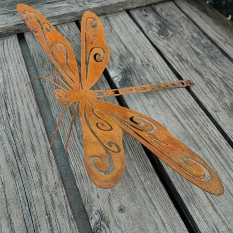 1Pcs Rustic Outdoor Sculpture Elegant Metal Rust-Colored Dragonfly Garden Statue Ground-Mounted Home And Garden Decoration