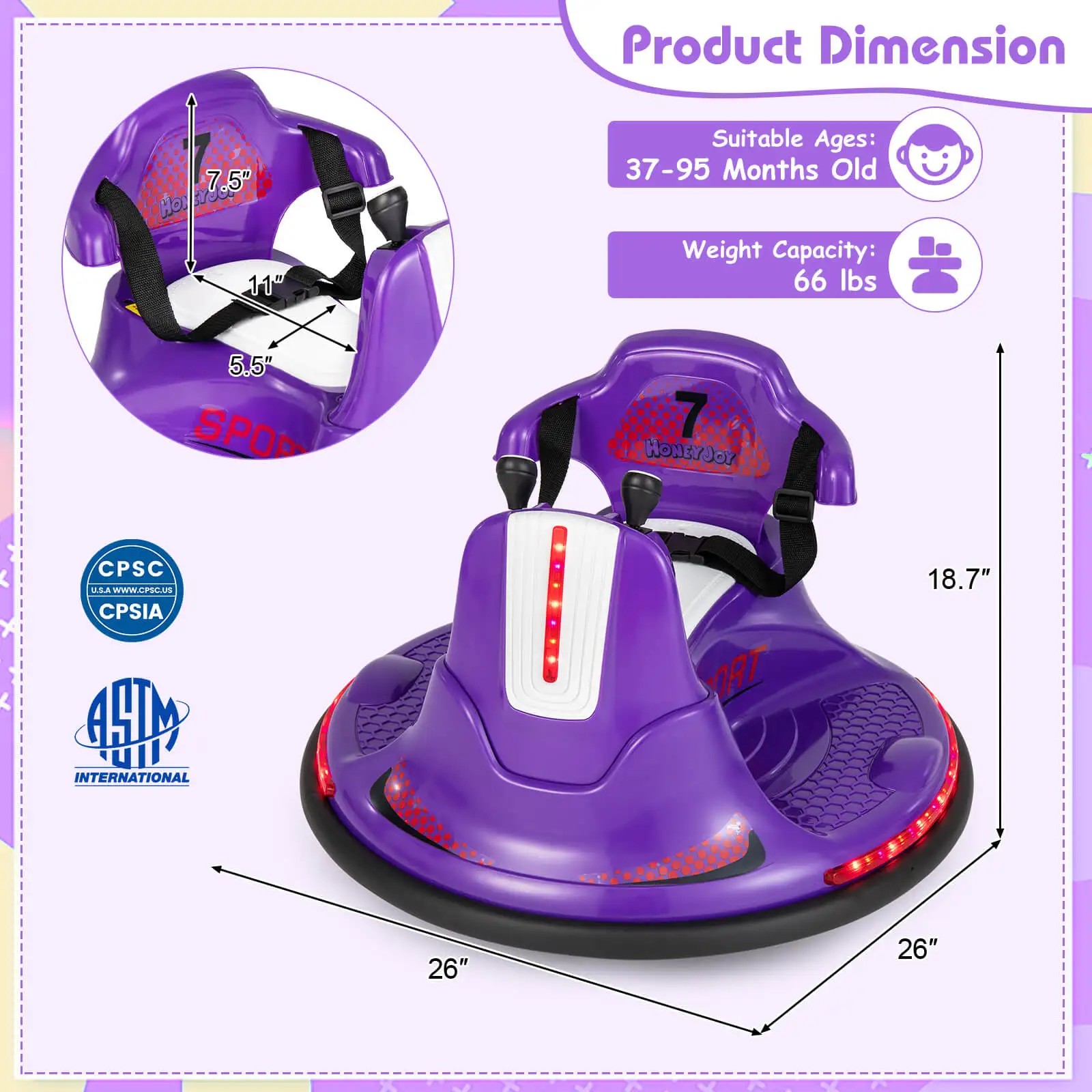 Auto paraurti 12V per bambini Toddlers Electric Ride On Car Vehicle w/ 360 ° Spin Purple