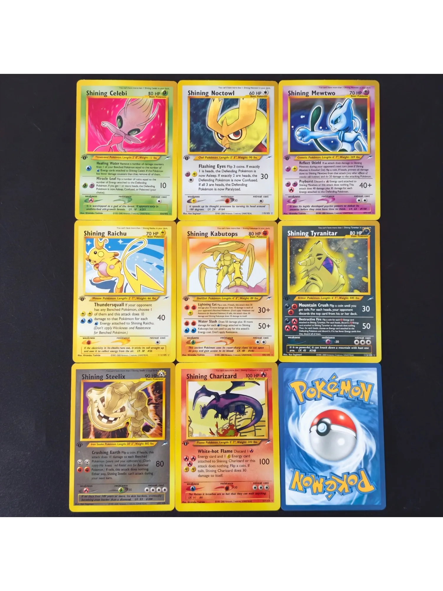 PTCG Proxy-Karte 1995-2000 Pokemon Neo Destiny Glänzende Holo-Karten Glänzender Glurak Mewtu Celebi Raichu Tyranitar Steelix Karte
