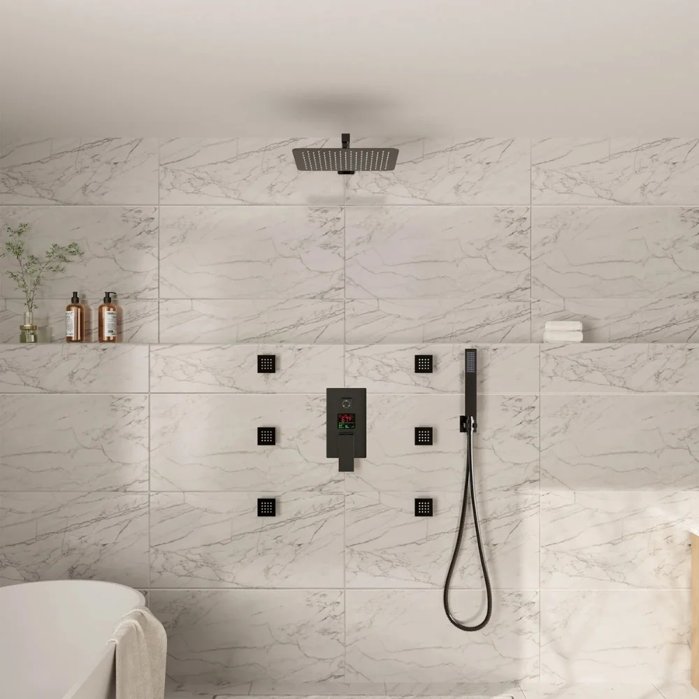 American Style 12-inch Wall-Mounted 304 Stainless Steel Water-powered LED Digital Display Rainfall Shower Head Matte Black