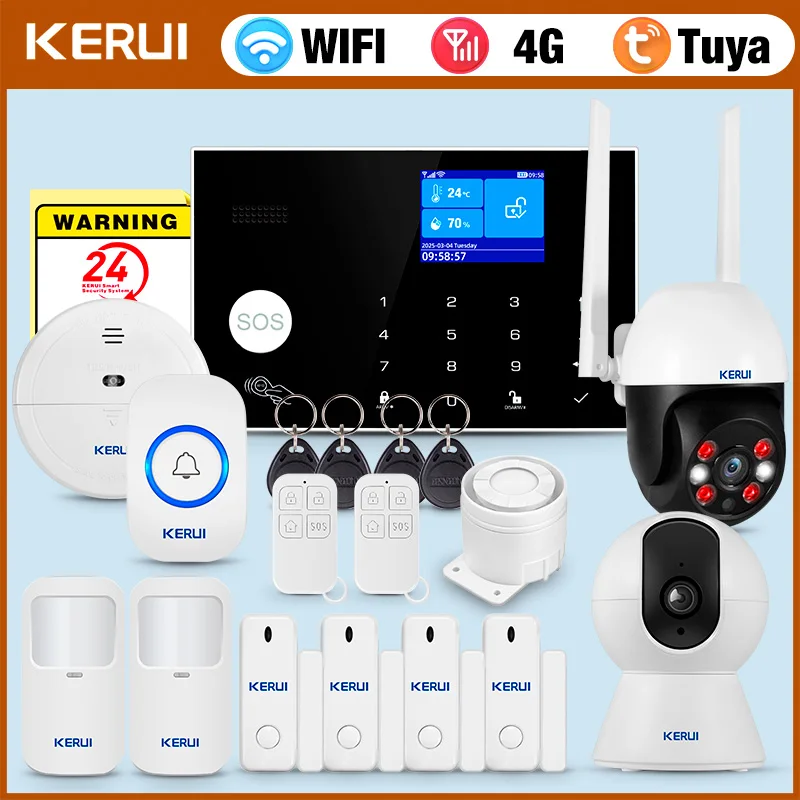 KERUI Allarme 4G con pulsante campanello Sistema di allarme domestico Sicurezza Funziona con Alexa Tuya Smart App Sensore di movimento anti-animale domestico G34