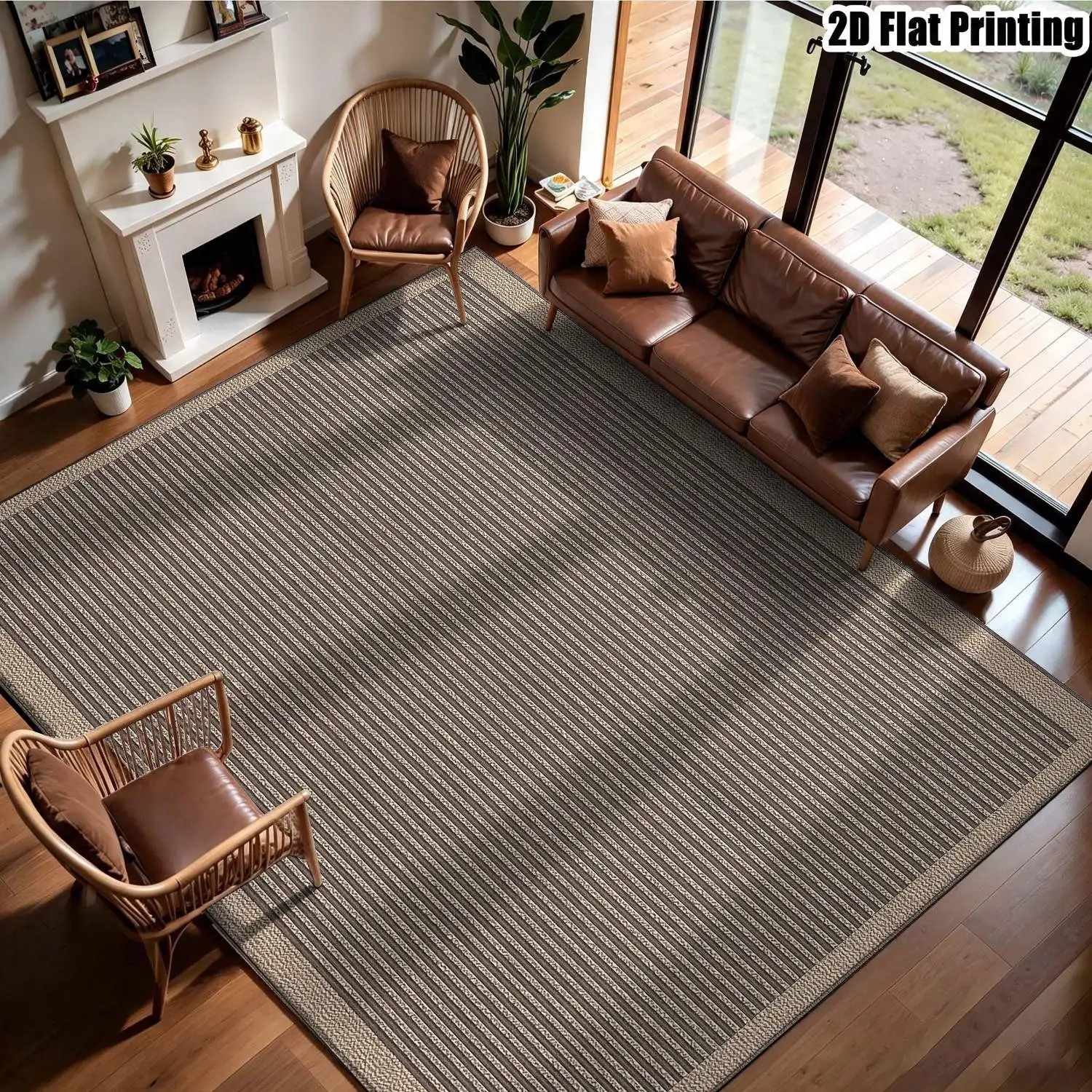 1Pc 2D Printed Carpet: Light Brown Stripes, Geometric Patterns Nordic/Modern Minimalist Style, Machine Washable, Multi-Size, Suitable for Home Decor, Entrance/Dining/Foyer/Bedroom/Living Room Mats.