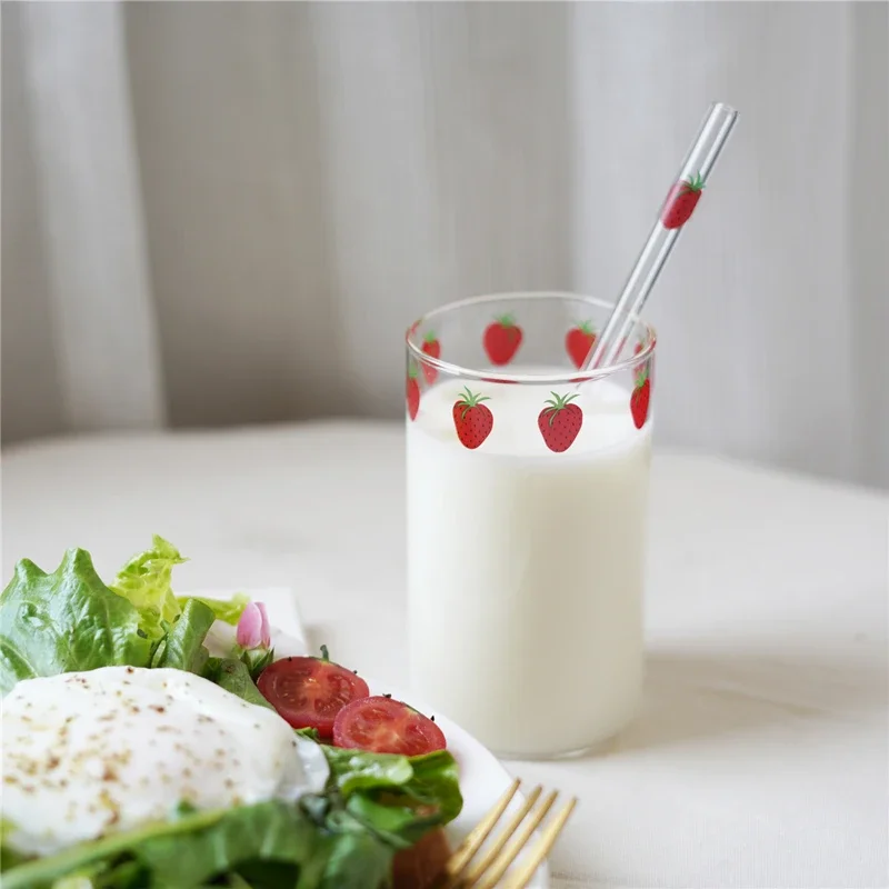 Cute Strawberries Glass Cup with Straw 300ml 10oz Thick Glass Tumbler With Strawberry Prints Heat Resistant Gift for BBF 1 PC