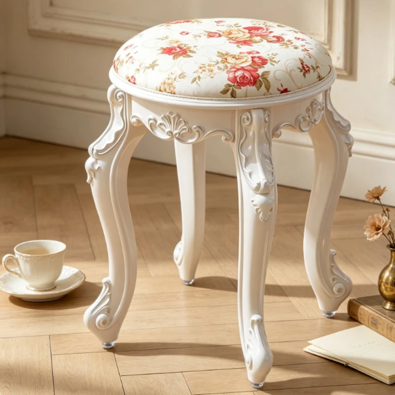 Upholstered Vanity Stool with Cushion, Multi-Purpose Dressing Chair & Guzheng Piano Bench, Sturdy American Style for Bedroom