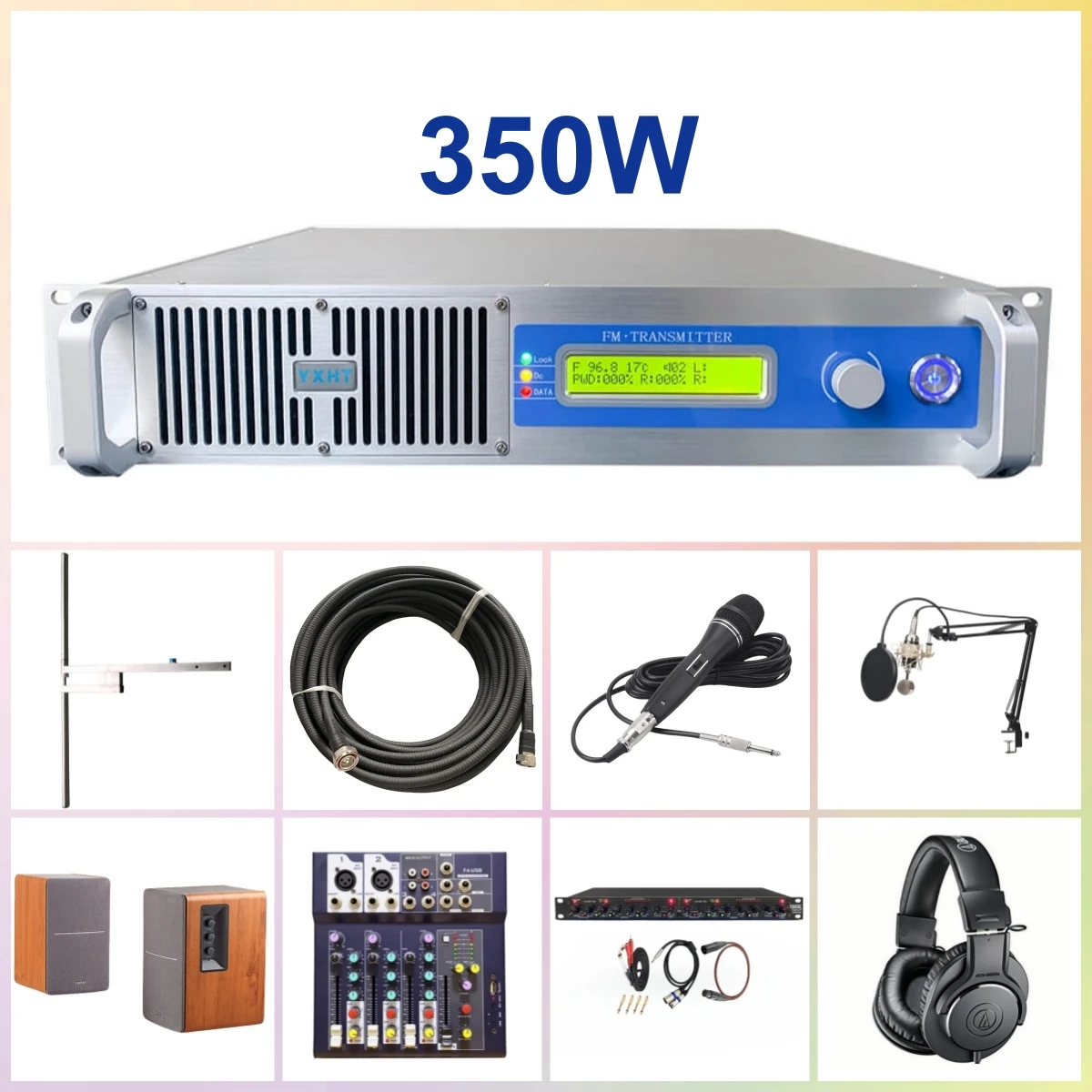 

350W-4CH Radio Station Complete Package: FM Transmitter, 1-BAY Dipole Antenna, Feeder Cable, With 7 Studio Equipments