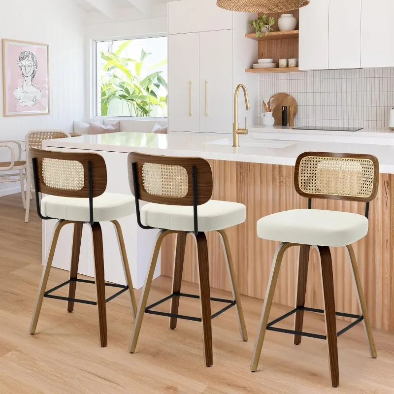 

Swivel Counter Height Bar Stools Set of 3, 26" Upholstered Faux Leather Barstools with Back and Bent Wood Legs