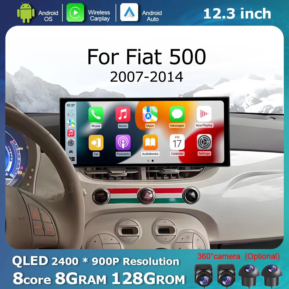 

Wireless Carplay Android OS for Fiat 500 2007 - 2014 QLED 2400*900P Display Screen Car Multimedia Radio Player GPS Navi WiFi BT