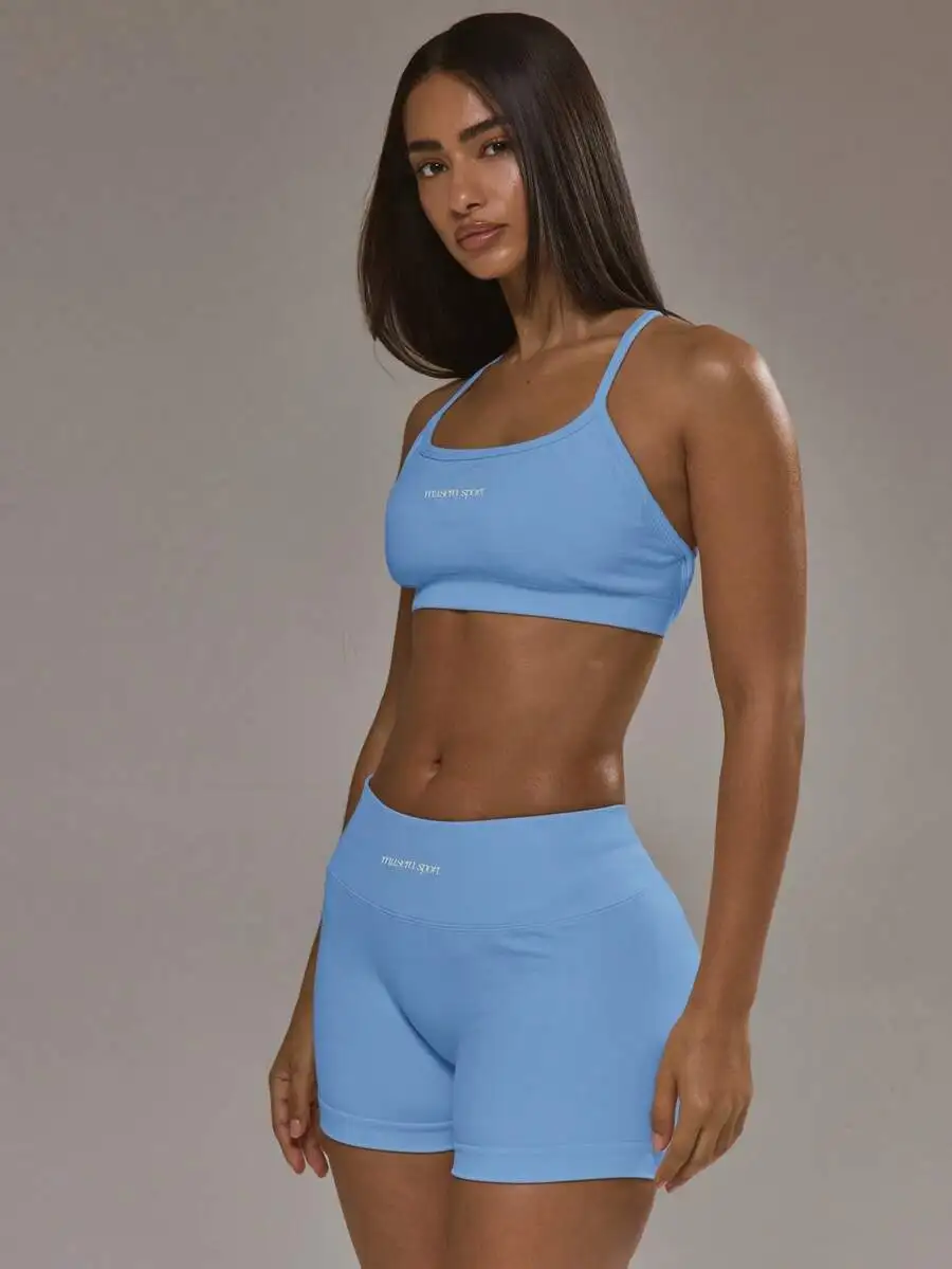 

Light Blue Cross Back Sports Bra And Scrunch Shorts Set For Gym Workout