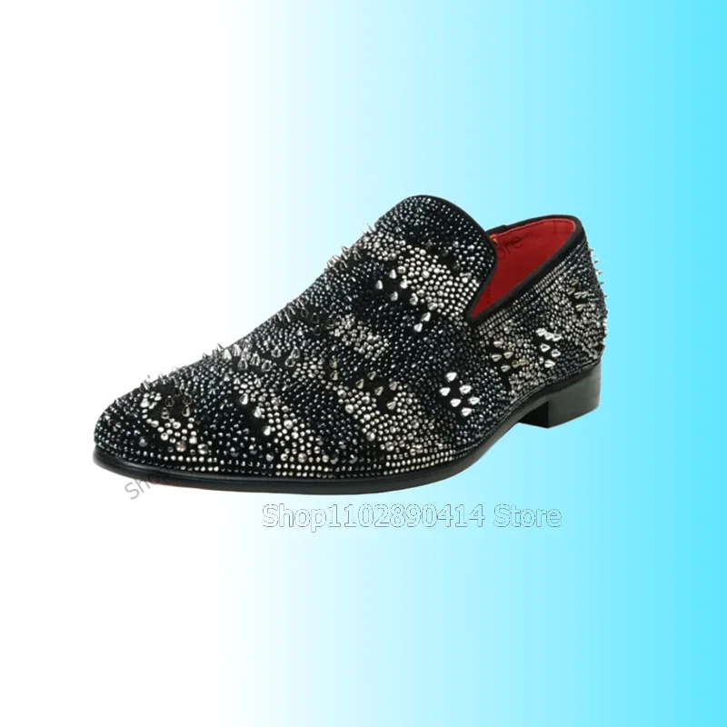 

Black Silver Rhinestone Rivets Decor Men Loafers Fashion Slip On Male Shoes Luxury Handmade Party Feast Banquet Men Dress Shoes