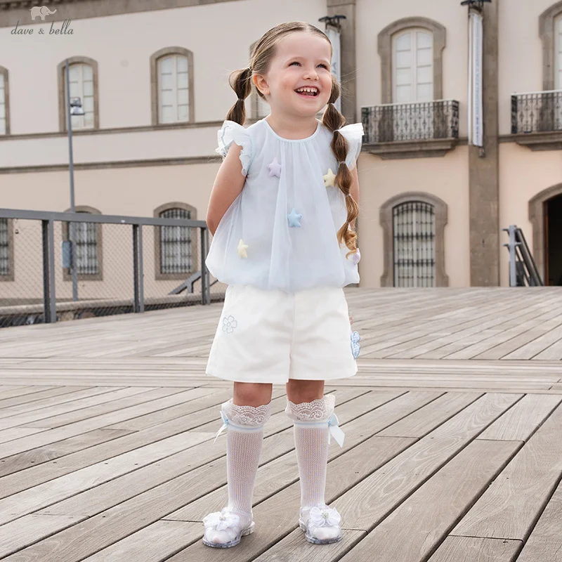 Dave Bella Summer Thin Girls' Shorts Baby Pants Sweet Cute Gentle Floral Children's White Casual Pants Cool Outdoor DB2251792