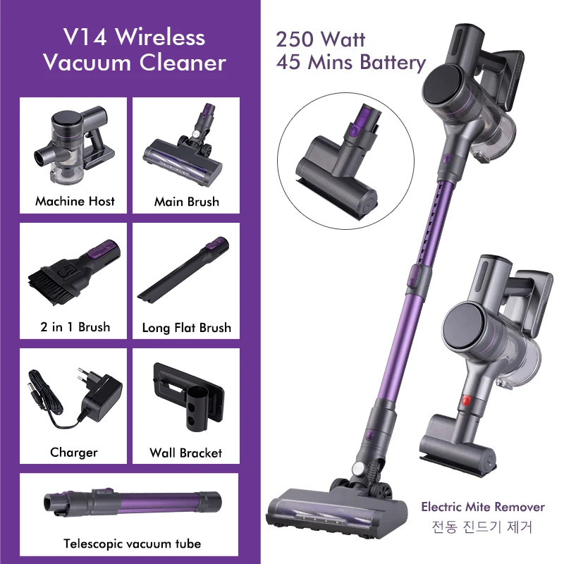 V14 Handheld Wireless Vacuum Cleaner 250W 28kPa Suction Power Vertical Multi-functions Handheld Sweeper Mopping Machine