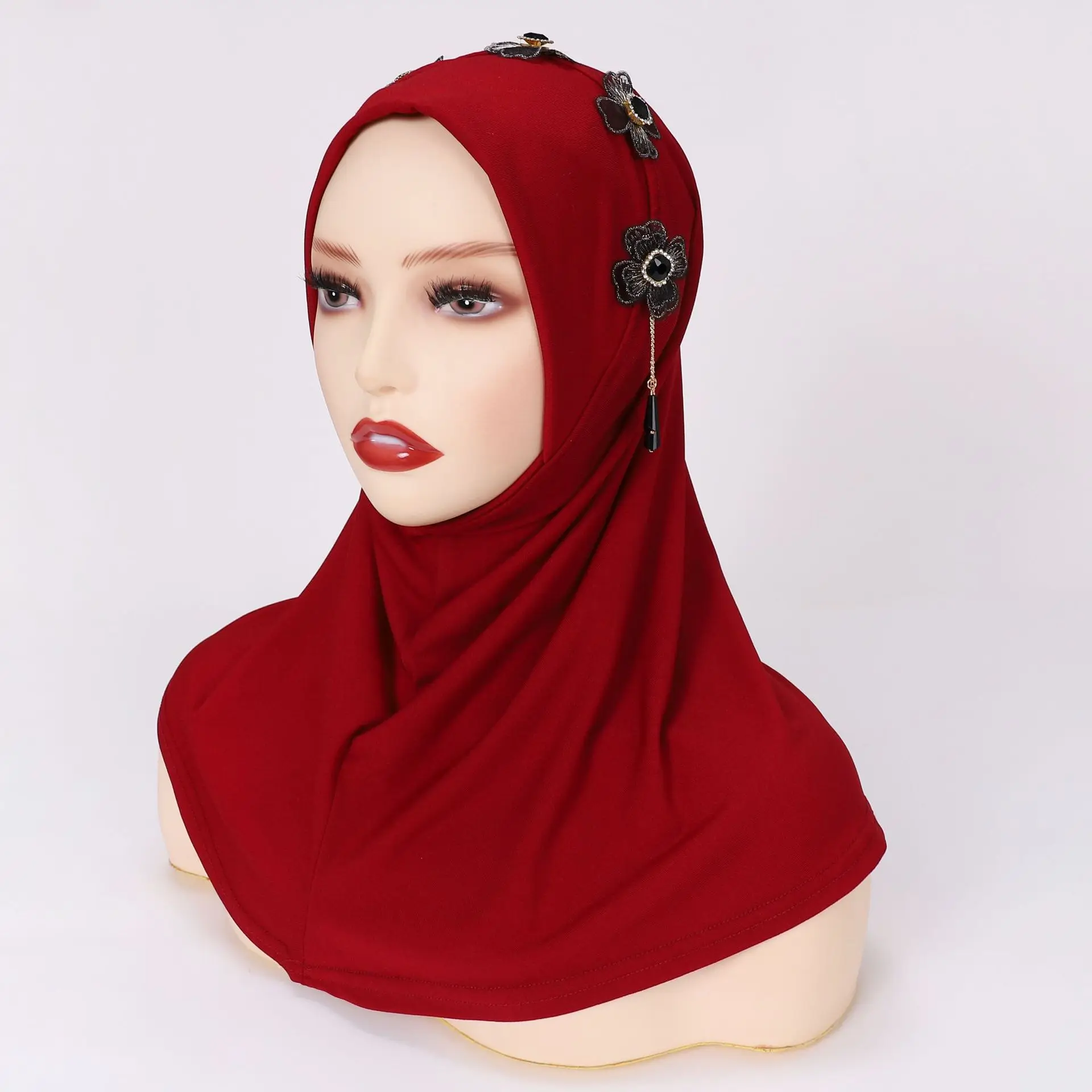 Solid Color Flower Rhinestone Amira Hijabs Instant Muslim Womens One Piece Khimar Wear Directly Prayer Turban Shawls Headwear