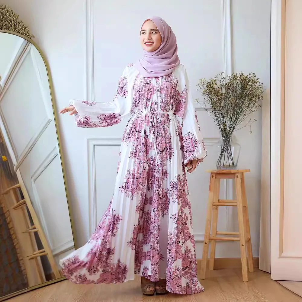 South East Asia Hot Sale New Printed Long Dress Printed Pleated Lantern Sleeve Loose Casual Robe Dress Cw92389