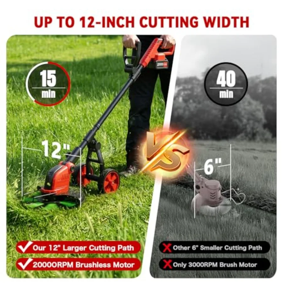 20000 RPM Electric Weed Wacker with Wheel, 12 Brushless Cordless Weed Eater Battery Powered, 4-in-1 Brush Cutter/String Trimmer