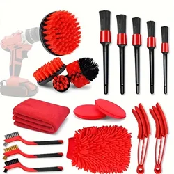 18 PCS Car Cleaning Tools Kit  Car Detailing Brush Set With Drill Attachment Set  Car Wash Kit (Red) Easy To Use