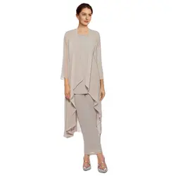Pantsuit 3 Piece Mother of the Bride Dress Wedding Guest Elegant Scoop Neck Ankle Length Chiffon Sleeveless Wrap Included