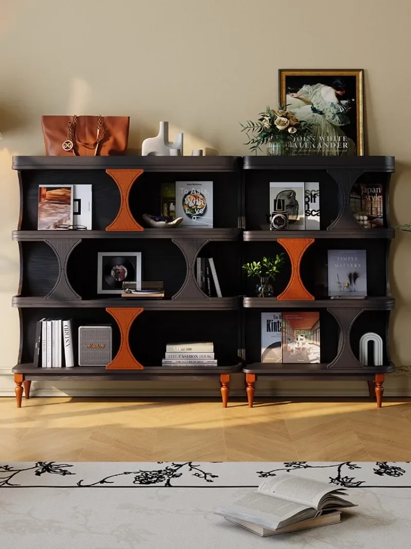 Módulo de sala de estar retro francés, mueble lateral de suelo combinado, vitrina de estantería corta de madera maciza