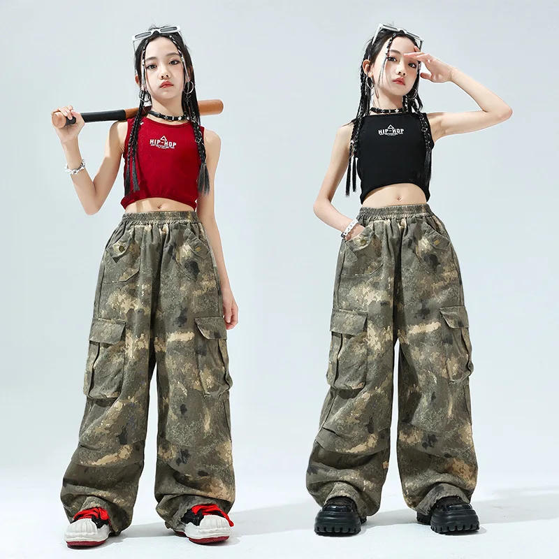 [4-15 Years Old]Girls Hip Hop Jazz Dance Suit High Waist Crop Top Korean Camouflage Pants Girl