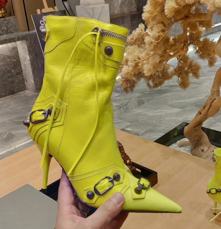 Pointed Toe T Show Ankle Boots  Women Metal Rivest Decor Thin Heel Sexy Runway Boots Zip Tassel Fringe Pink Yellow Leather Bota