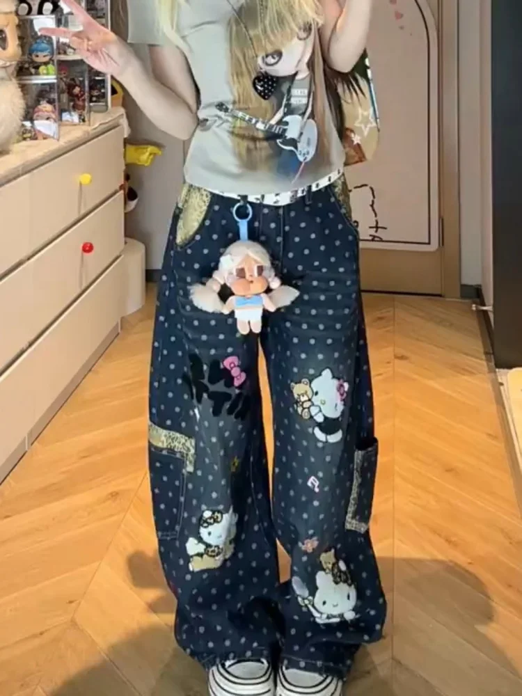 

American Style Loose Wide Leg Jeans Women's Summer New Design Sense Embroidery Cartoon Interesting Loose Jeans Pants