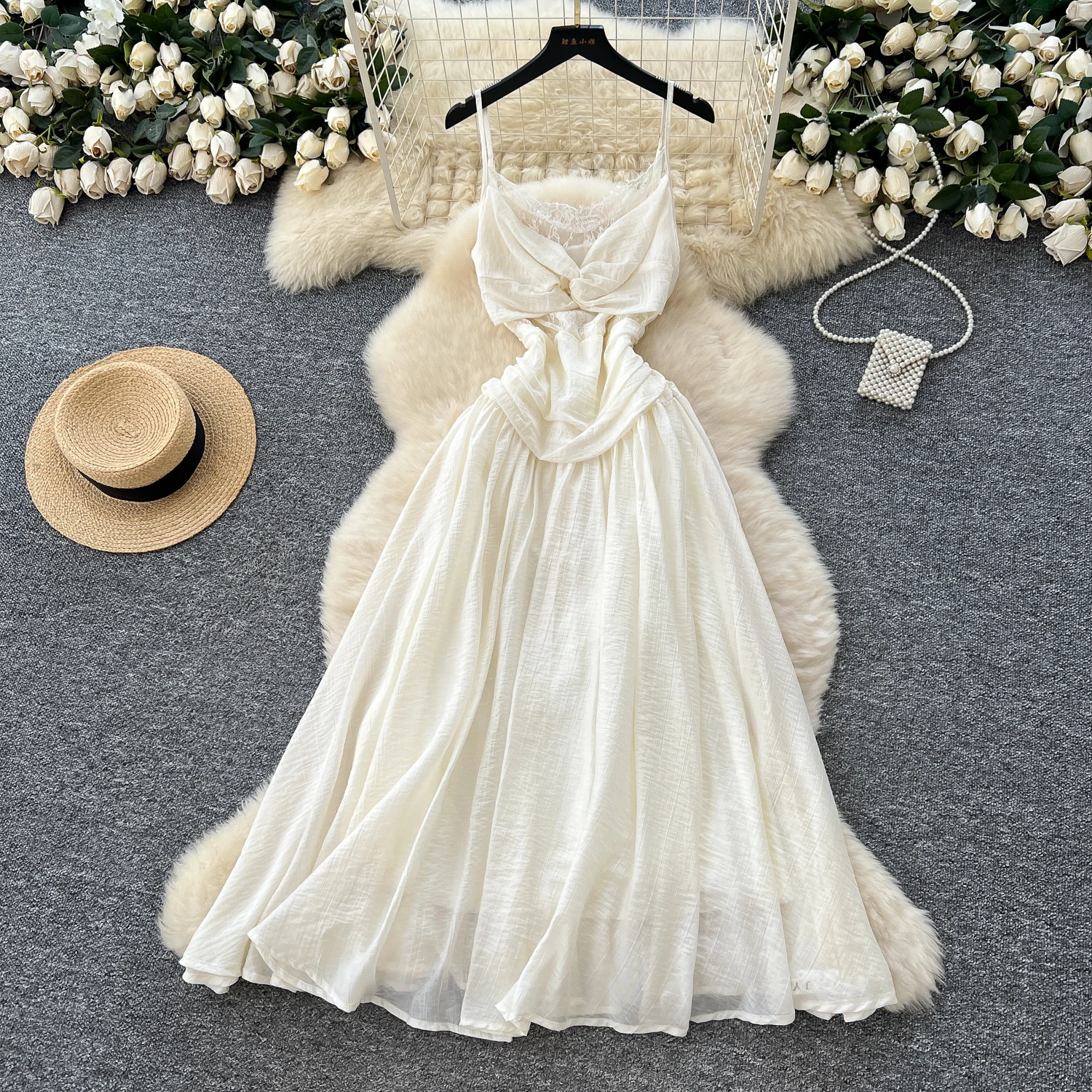 Chic vintage in pizzo impiombato sottile Elegante fata moda coreana Boho Prendisole abbigliamento donna Abito lungo