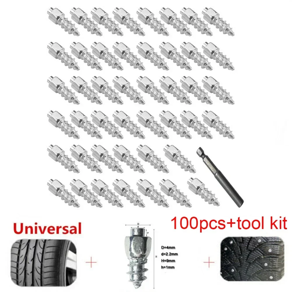 100pcs Winter Wheel Lugs Snow Screw Tire Studs Anti Skid Anti-Slip Chains Spikes With Tool For Car Motorcycle Bicycle