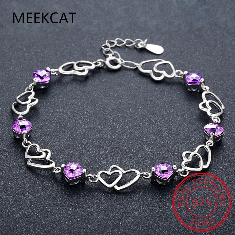 

Cushion Cut Natural Amethyst 925 Sterling Silver Double Heart Bracelet for Women Purple Gemstone Statement Jewelry Pulseiras