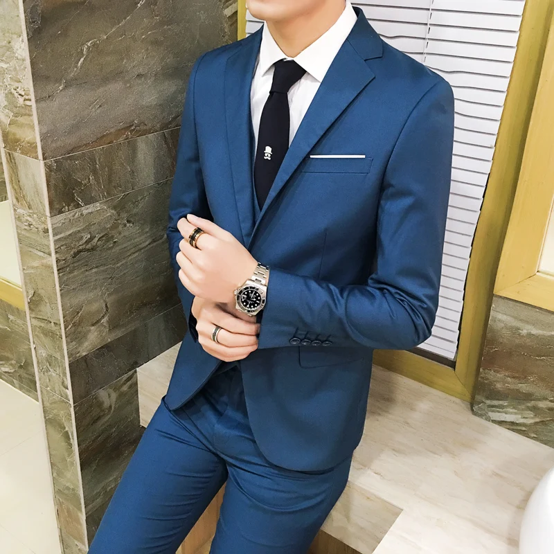 Suit Vest Pants 3 Pcs Set / 2023 Fashion New Men\'s Casual Boutique Business Solid Color Wedding Groom Suits Trousers Waistcoat