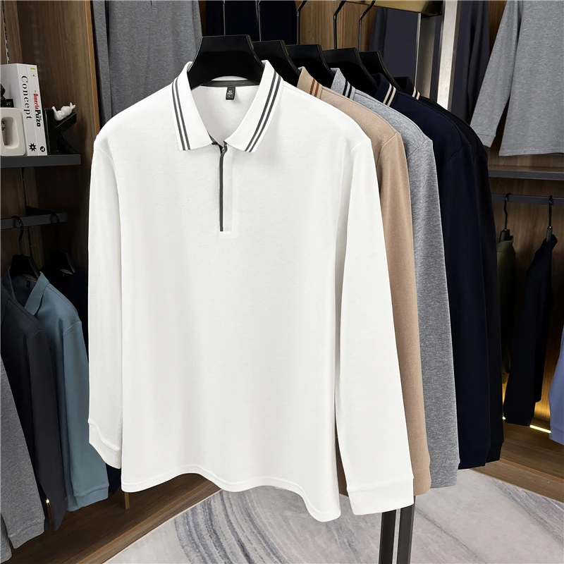 

Мужские деловые поло из 100 чистого хлопка, осень 2023, классические топы на молнии с длинными рукавами, одежда с отложным воротником, хлопковая футболка