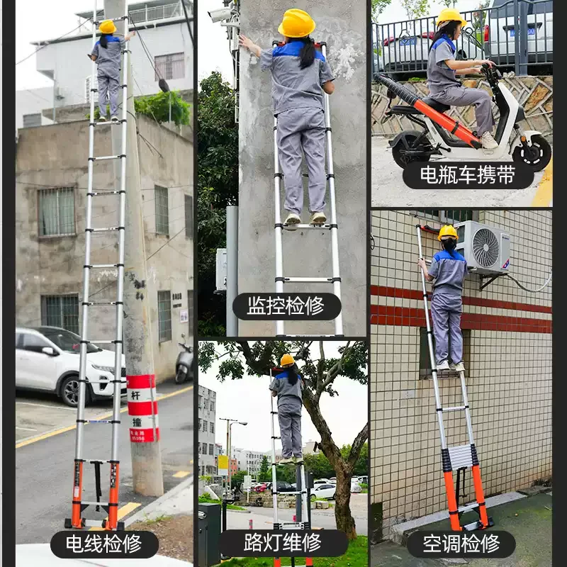 Portable Aluminum Telescopic Ladder 5-8M, Straight Design with Hook and Wheel for Engineering, Household, and Outdoor Work