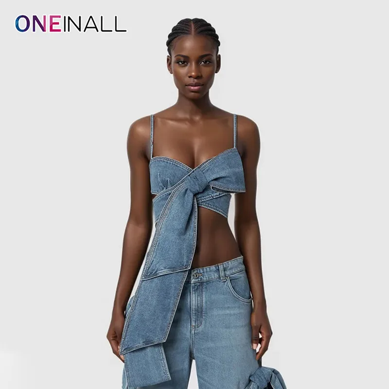 

ONEINALL Slim Denim Tank Tops Square Collar Sleeveless Off Shoulder Backless Patchwork Bow Summer Fashion Vest Female 2024 New