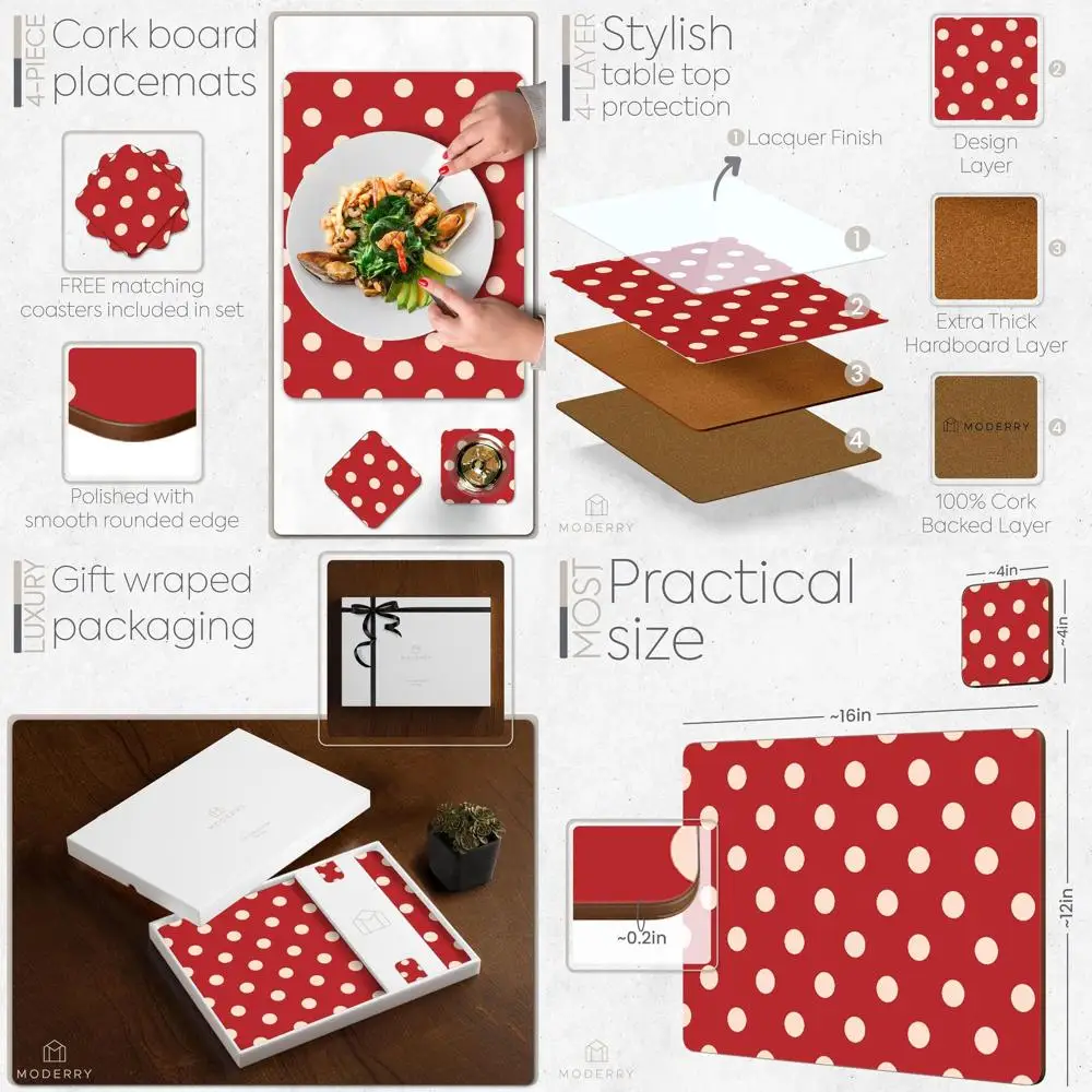 

Cream & Red Polka Dot Heat-Resistant Cork Placemats Set of 4 with Matching Coasters, 16x12 Inches