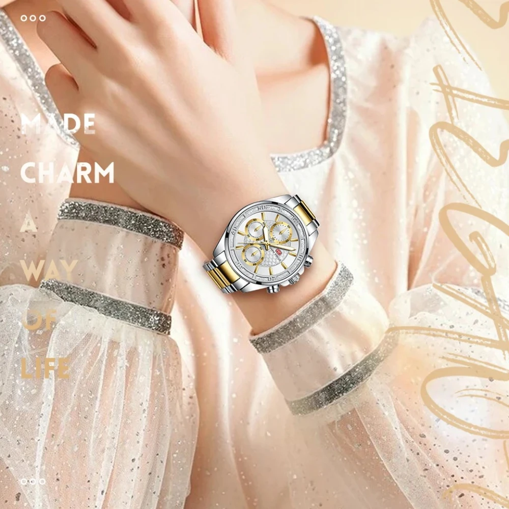 MINI FOCUS 0615L Luxury Diamond Quartz Watches for Women Waterproof Calendar Luminous Chronograph Steel Strip Reloj Mujer
