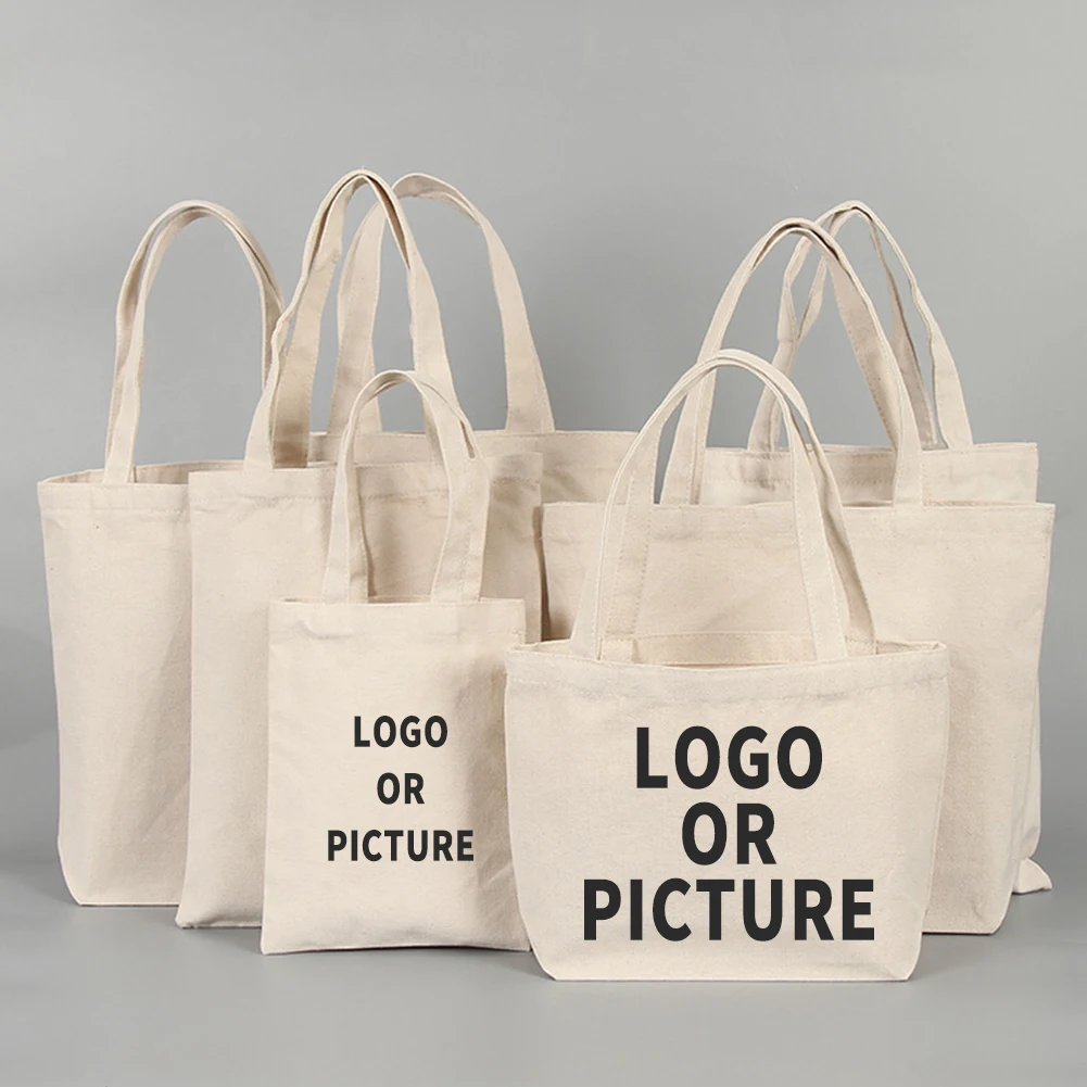 Hand Shopping Canvas Bag Custom Pattern Blank Printable Logo Large Capacity Thick Eco-Friendly Bag (Printing Fee Not Included)