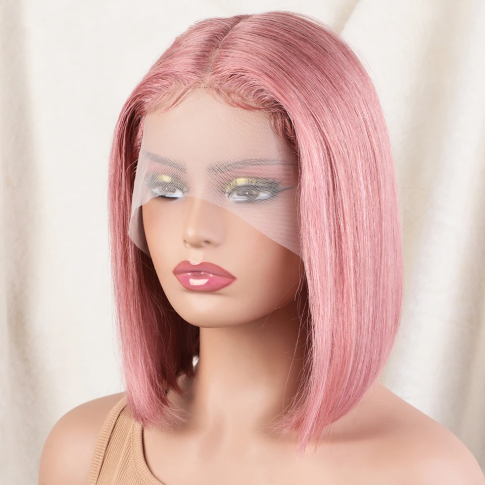 Pink Color Blunt Cut Short Straight Glueless Bob Wig 180% Density T Lace Frontal Wig Brazilian Remy Put On Go Human Hair Wigs