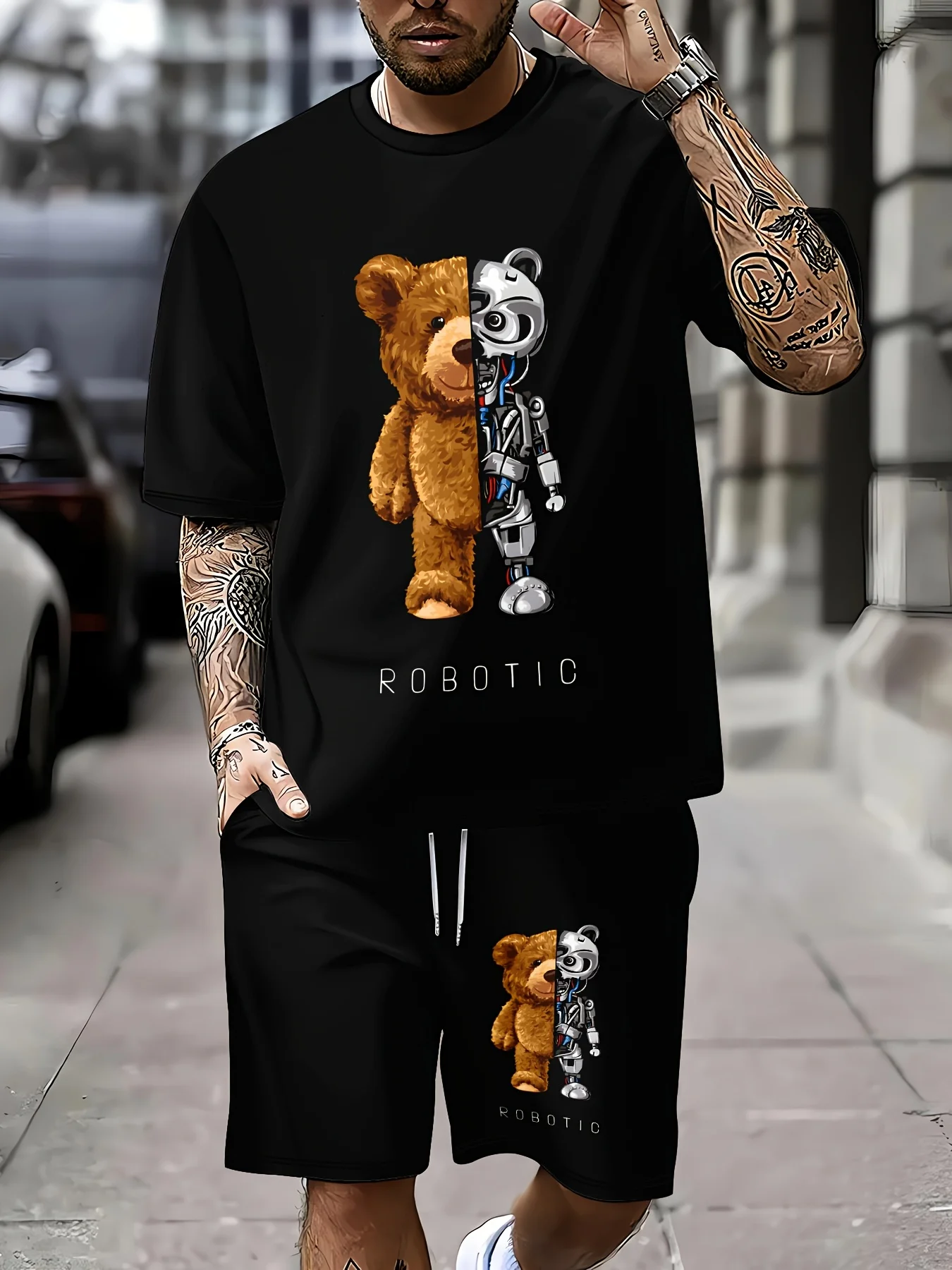 

The popular men's set for Summer 2025 Casual and fashionable cartoon bear print men's set