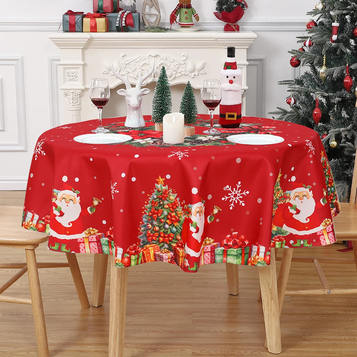 

Christmas Table Cover Round Polyester Merry Christmas Tablecloth for Home Christmas Decoration 2024 Navidad Notal Noel Ornament