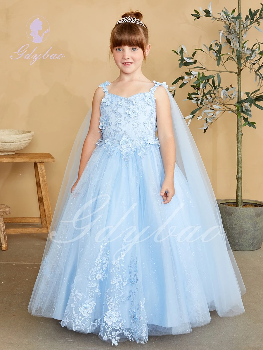 

Blue Green Flower Girl Dress For Wedding Tulle Applique Puffy Lace Elegant Baby Kids Birthday Party Ball First Communion Gowns